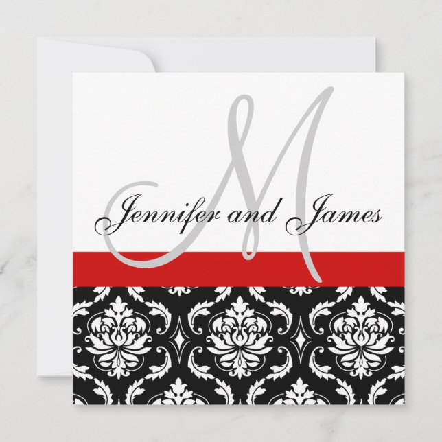 Wedding Invitation Monogram Names Red Damask (Front)