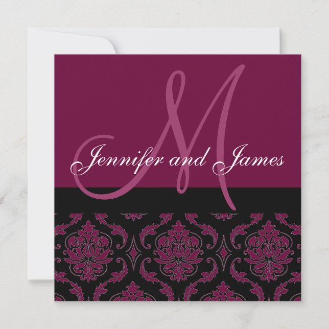 Wedding Invitation Monogram & Names Wine Damask (Front)