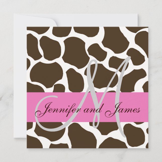 Wedding Invitation Monograms Pink Black Giraffe (Front)