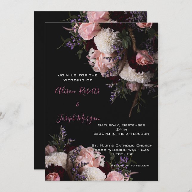 Wedding Invitation moody floral ,Burgundy  white  (Front/Back)