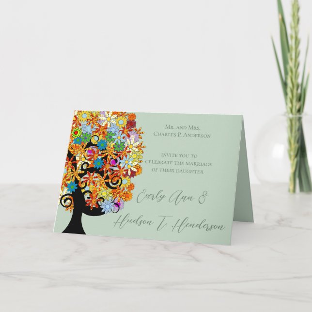 Wedding Invitation -Multi-Coloured Flower Love Tre (Front)