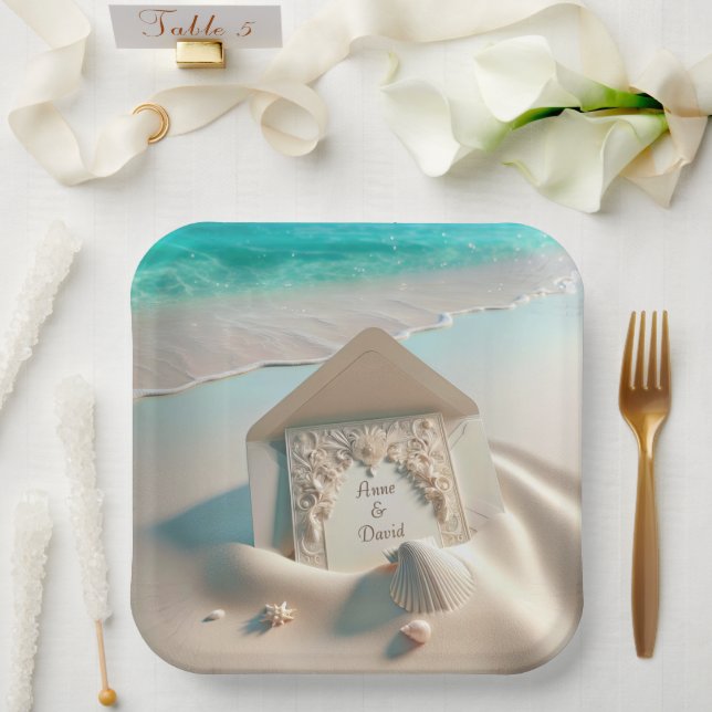 Wedding Invitation On Beach Sand Paper Plate (Wedding)