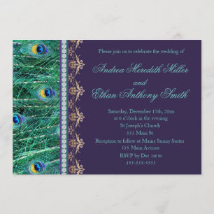 Wedding invitation peacock diamonds purple