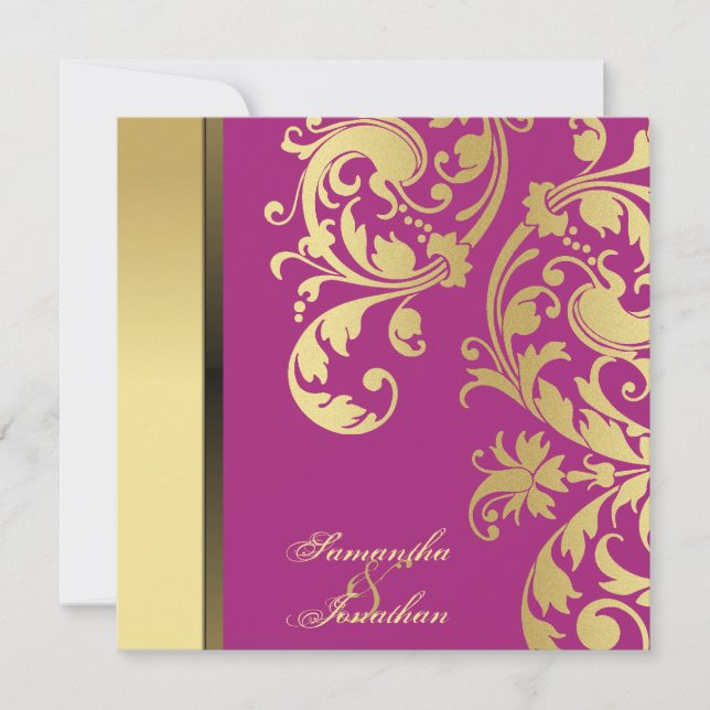 Wedding Invitation Pink Gold Shimmer Floral Swirls (Front)
