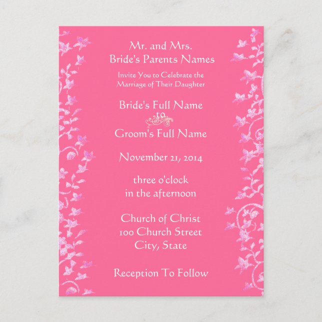 Wedding Invitation Pink Swirls and Flowers (Front)