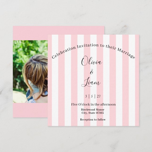 Wedding Invitation Pink & White Stripe Photo  (Front/Back)
