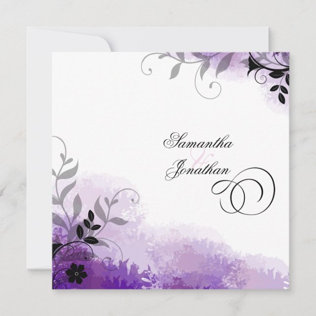 Wedding Invitation Pretty Purple Leafy Florals (Front)