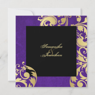 Wedding Invitation Purple Gold Black Pretty Floral