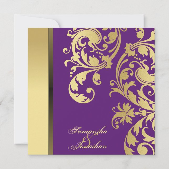 Wedding Invitation Purple Gold Shimmer Floral (Front)