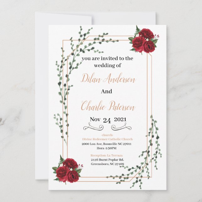 Wedding Invitation, red rose  Gold  (Front)