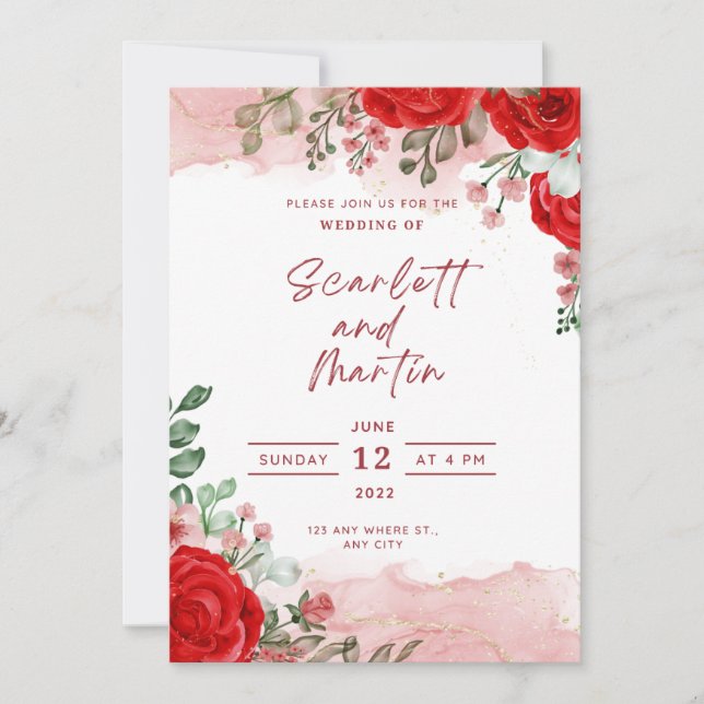 Wedding Invitation Red Rose Transparent Ink (Front)