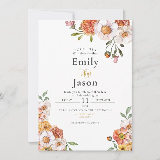 Wedding invitation romantic floral blooms (Front)