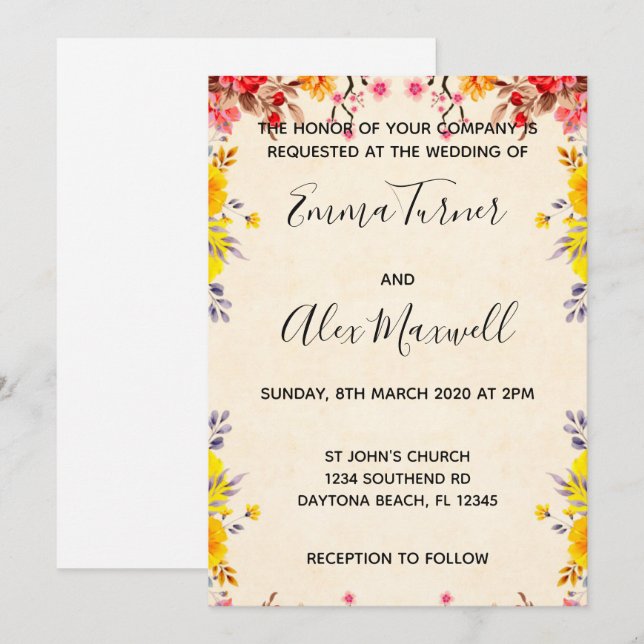 Wedding Invitation | Romantic Floral Script (Front/Back)