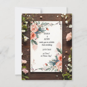 Wedding Invitation Rose Motif on Wooden Background Postcard