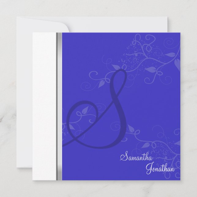 Wedding Invitation Royal Blue Floral Monogram (Front)