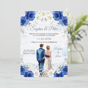 Wedding Invitation Royal Blue Flowers Roses
