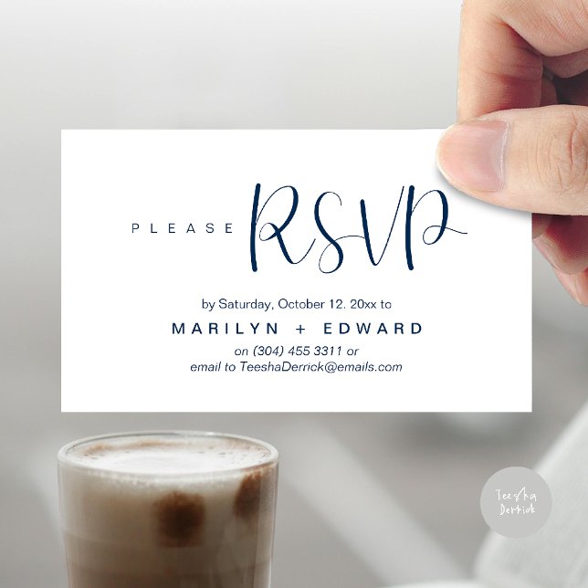 Wedding Invitation RSVP Reminder Enclosed Card (Wedding invitation RSVP via Phone or email respond reminder Enclosure Card in aesthetic Navy Blue)