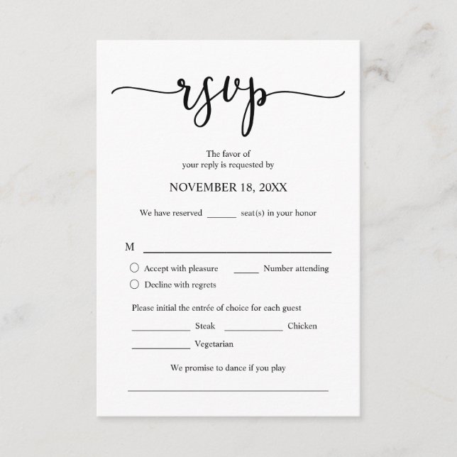 Wedding Invitation RSVP Respond, Meal options Card (Front)