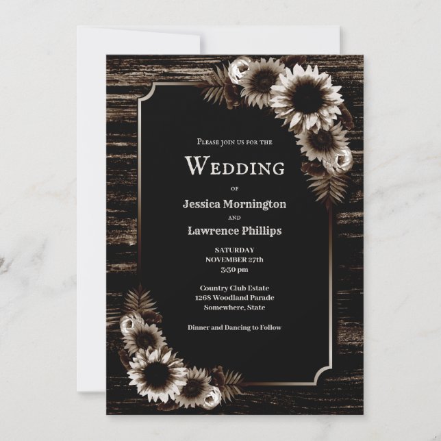 Wedding Invitation Rustic Dark Wood Floral (Front)