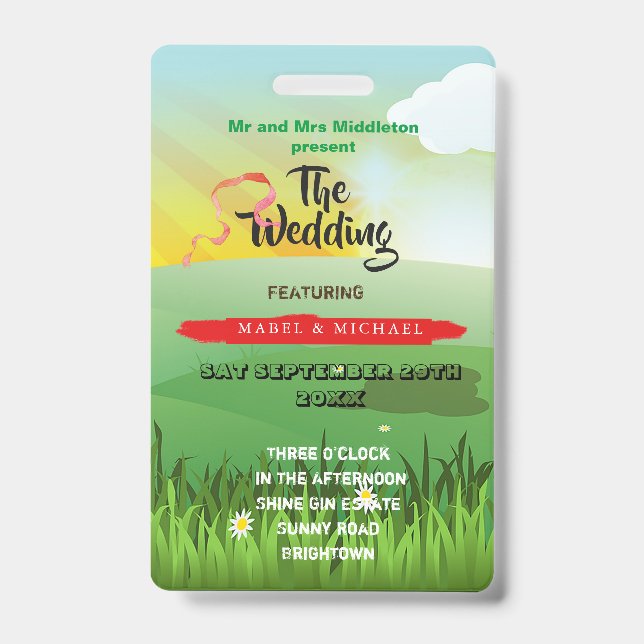 Wedding Invitation Rustic Festival Fields Fun  ID Badge (Front)