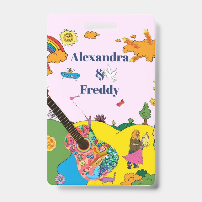 Wedding Invitation Rustic Festival Hippie Fun  ID Badge (Front)