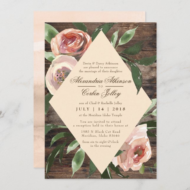 WEDDING INVITATION | Rustic Wood Blush Floral Sage (Front/Back)