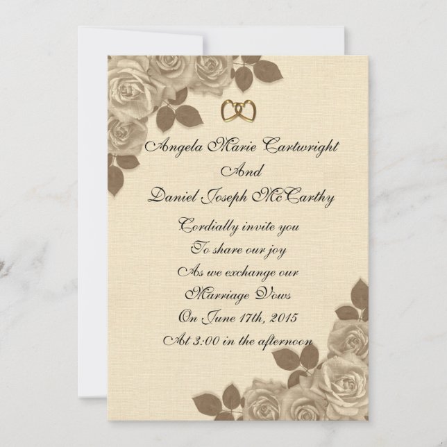 Wedding Invitation Sepia roses on linen (Front)