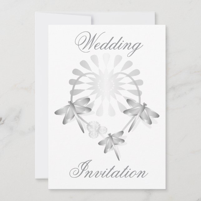 Wedding Invitation Silver Dragonflies Heart (Front)
