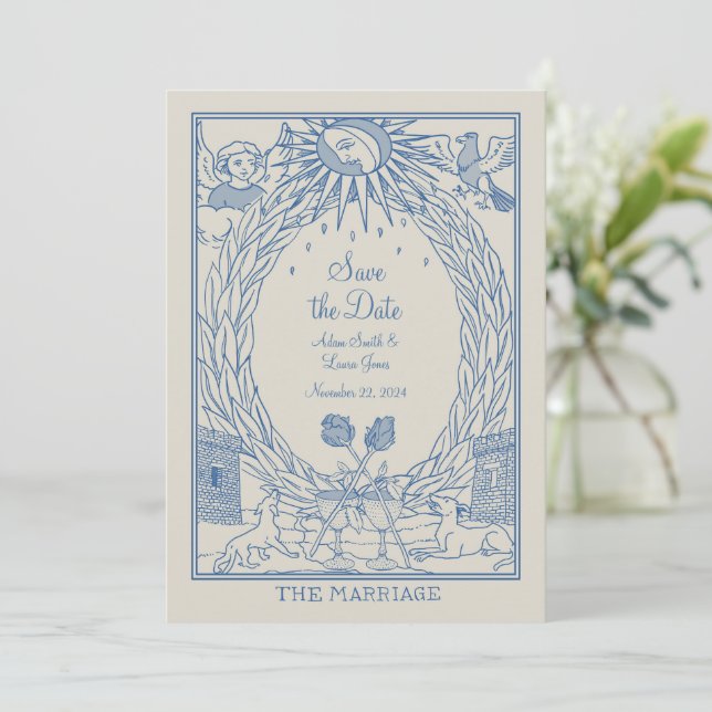 Wedding Invitation Tarot Theme - Save Date - Blue (Standing Front)