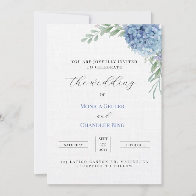 Wedding invitation template with blue hydrangeas (Front)