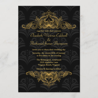 Wedding Invitation Vintage Gold filigree | black