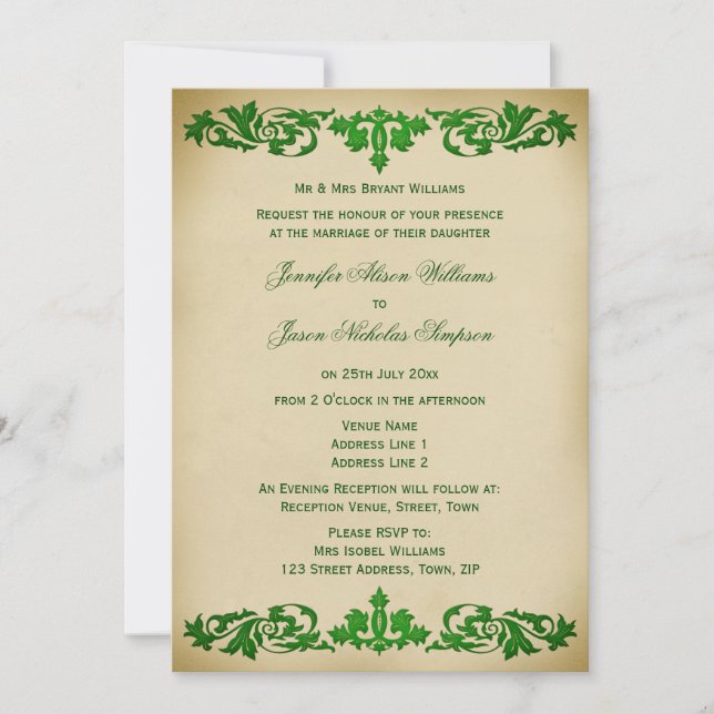Wedding Invitation Vintage Leaf Scrolls in Green (Front)