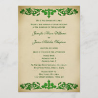 Wedding Invitation Vintage Leaf Scrolls in Green