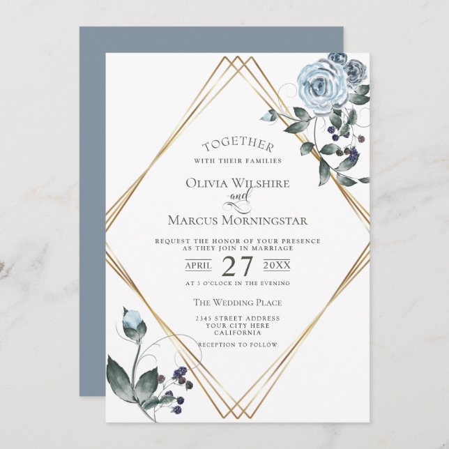 Wedding Invitation | Watercolor Dusty Blue Floral (Front/Back)