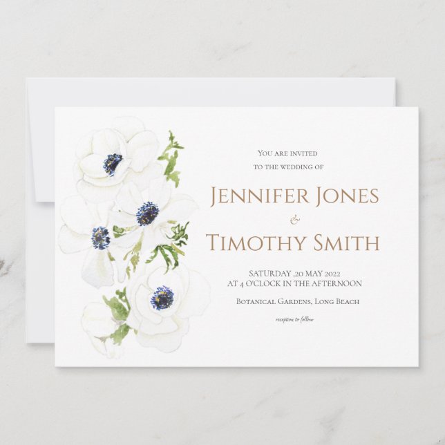 Wedding invitation white Anemone flowers  (Front)