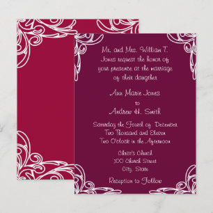 Wedding Invitation White Corners Swirl on Rasberry Postcard