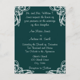 Wedding Invitation White Corners Swirls on SeaBlue Postcard