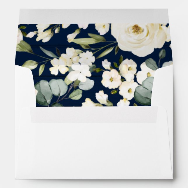 Wedding Invitation White Floral Navy Blue Liner Envelope (Back (Bottom))