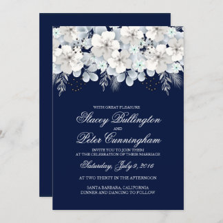 Wedding invitation white flower sakura navy blue