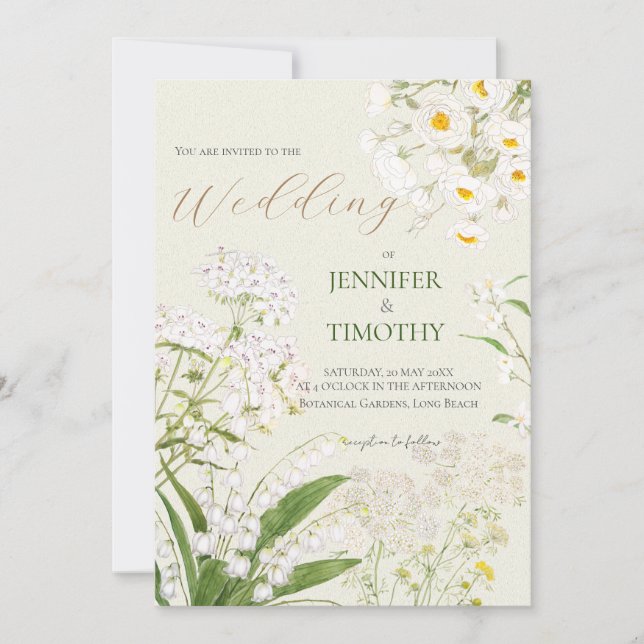 Wedding Invitation  white flowers garden painting (Front)