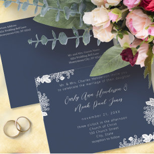 Wedding Invitation White On Midnight Blue Vintage Postcard