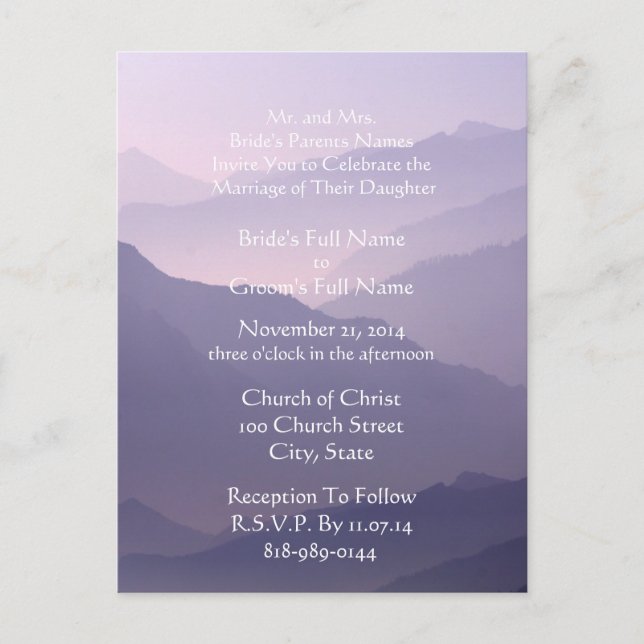 Wedding Invitation White On Misty Purple (Front)