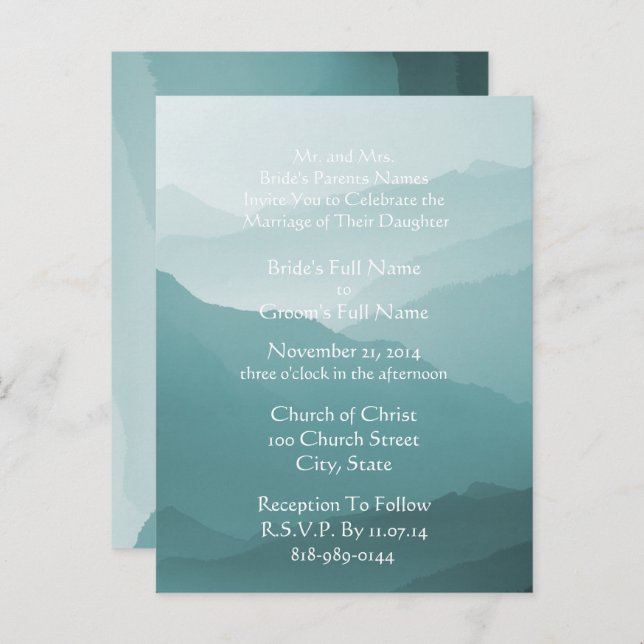 Wedding Invitation White On Misty SeaBlue (Front/Back)