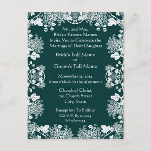 Wedding Invitation White On SeaBlue Vintage Flower Postcard