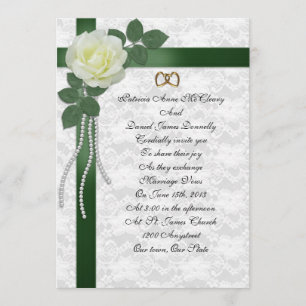 Wedding Invitation white rose, green ribbons