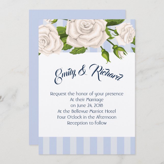 Wedding Invitation-White Roses on Blue Stripes Invitation (Front/Back)