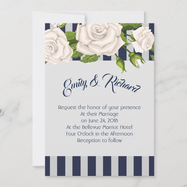 Wedding Invitation-White Roses on Sapphire Stripes Invitation (Front)