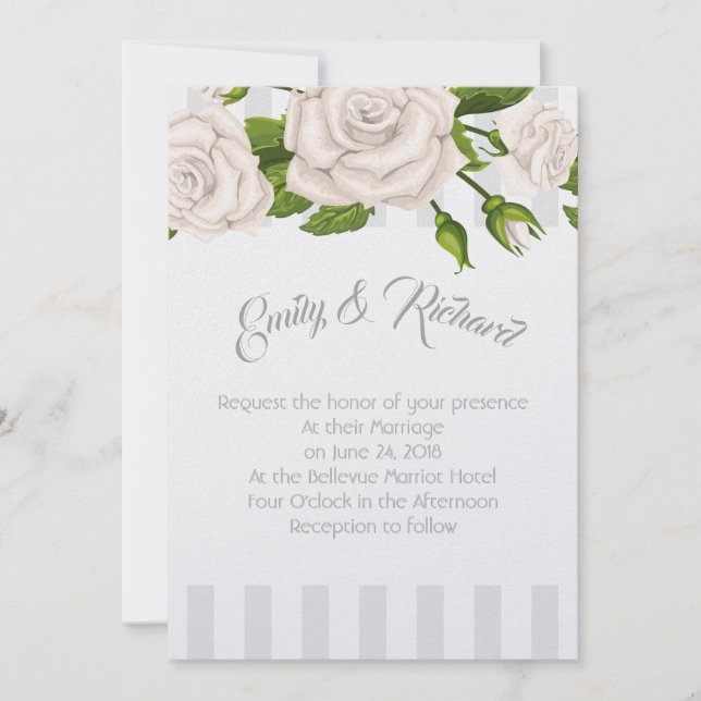 Wedding Invitation-White Roses on Stripes Invitati Invitation (Front)