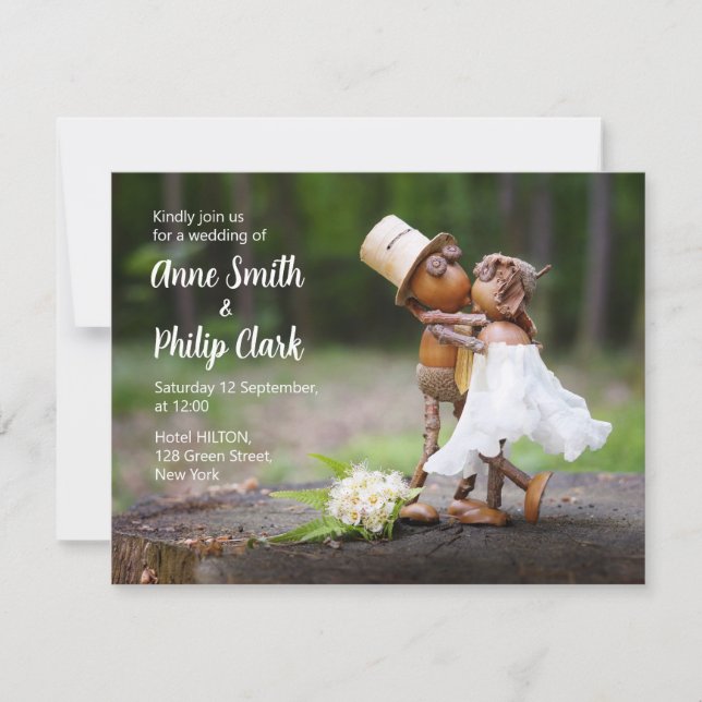 Wedding invitation with Acorn elves in love (Front)