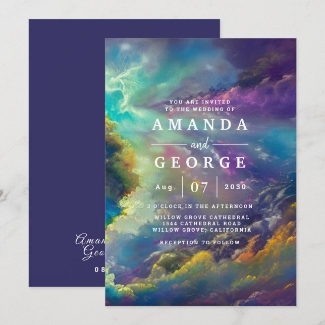 Wedding Invitation with fabulous purple clouds (Front/Back)